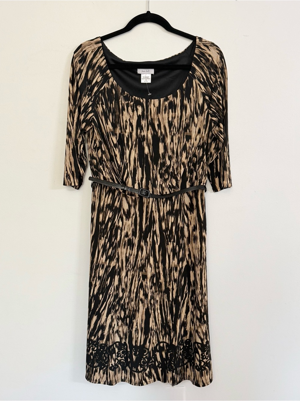 Kate Hill Dress 12 Black Brown Abstract Animal Print Belted Midi 3/4 Sleeve New